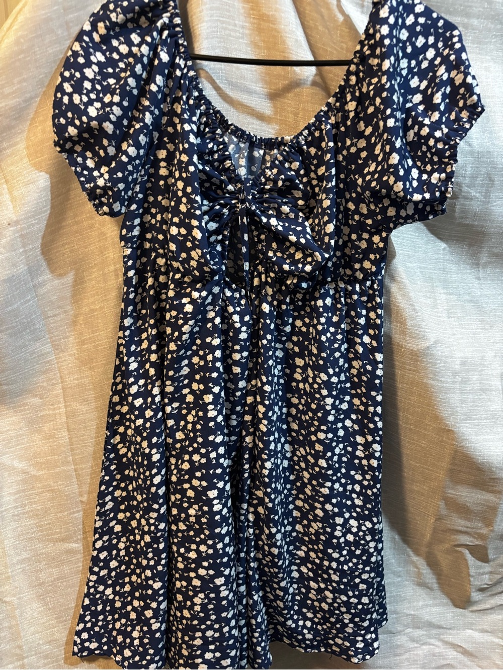 Navy Blue Floral Tie-Front Midi Dress